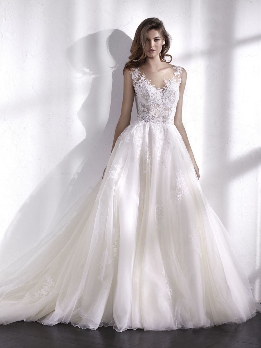 illusion jagged lace and tulle romantic wedding dress