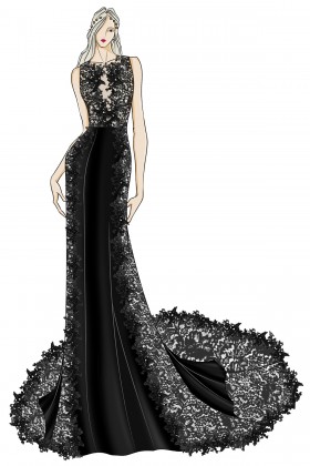 Sketch of Stunning Red Lace Appliqued Black Ball Gown - Lunss