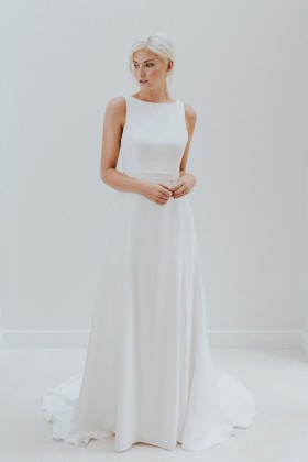 ivory satin boat neckline a line minimalist wedding dress