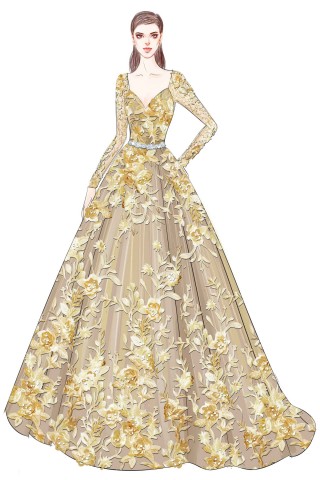 lace appliqued gold long sleeve formal dress sketch