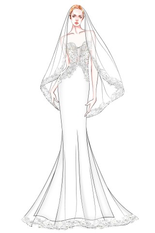 lace appliqued mermaid wedding dress sketch with a fingertip length veil