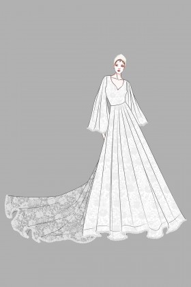 lace bell sleeve long train prom dress sketch