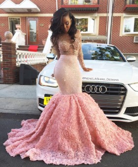 luxury beaded pink 3d rosette african american prom dress