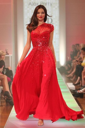 miranda kerr sequinned one shoulder red runway dress