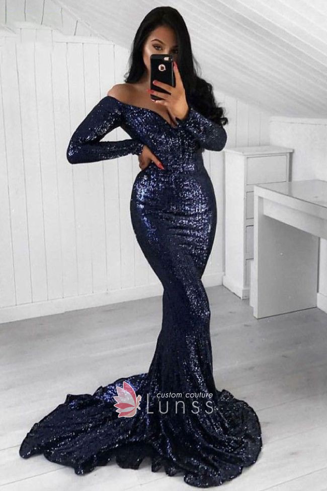 navy sequin off shoulder long sleeve mermaid prom dress navy sequin off shoulder long sleeve mermaid prom dress