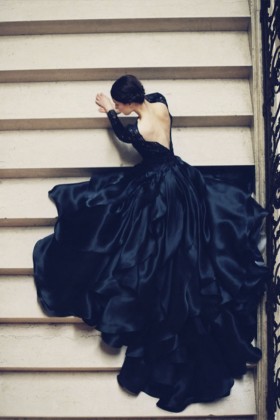 noble open back navy lace and satin layered formal gown