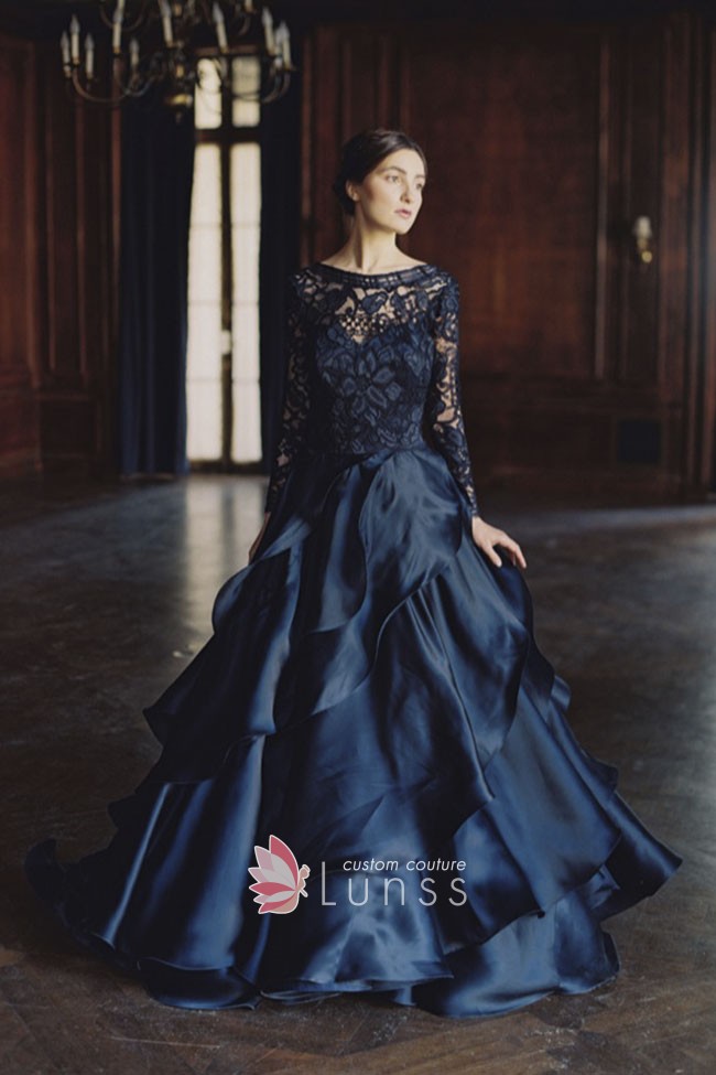 noble open back navy layered formal gown