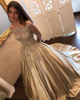 off the shoulder beaded gold lace and satin formal gown