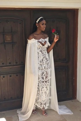 off the shoulder caped unique lace chiffon bridal dress