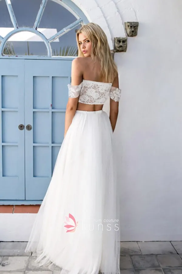 off the shoulder lace and tulle two piece wedding dress