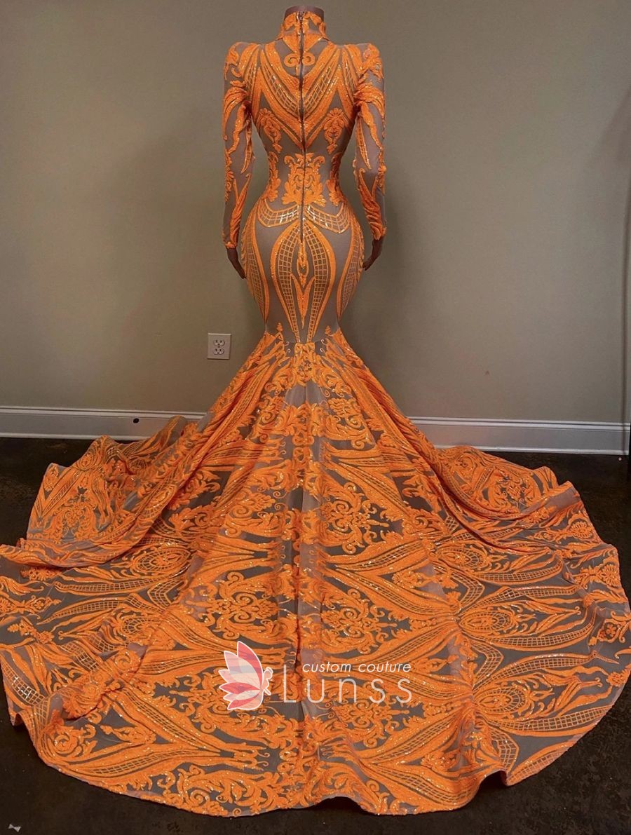 orange sequin african american prom gown