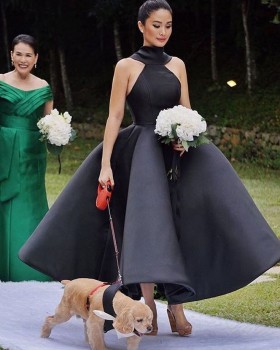 oversized bowknot black satin tea length bridesmaid dress