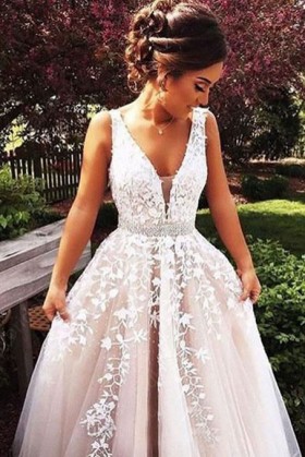 pearled white lace appliqued plunging v neck pink dress