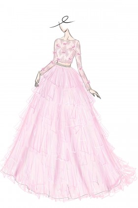 pink two piece bridal gown sketch illusion long sleeves