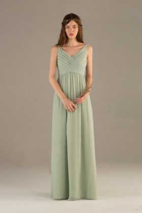 pleated sage chiffon vintage a line long bridesmaid dress