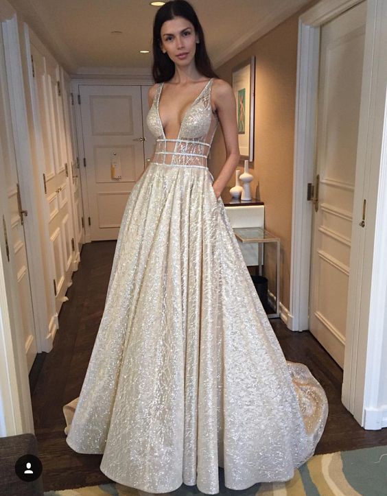 plunging neckline A line glitter prom gown