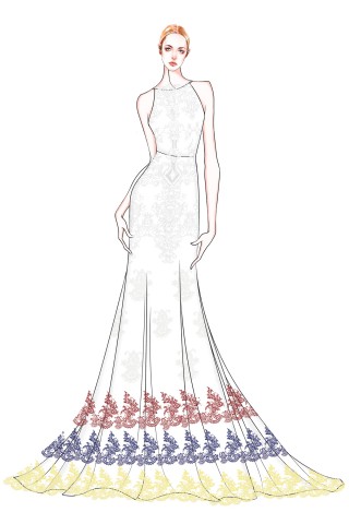 red blue yellow tiered lace wedding dress sketch