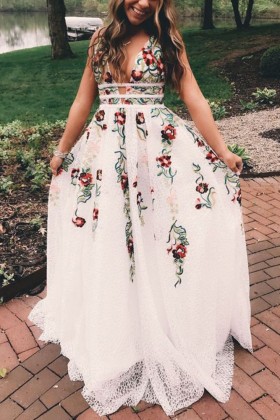 red green floral white lace a line engagement dress
