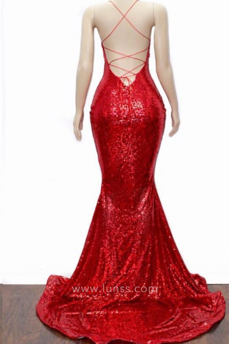 KissProm Avianna Red Mermaid V Neck Backless Sequined Lace Prom Dress with Slit Royal Blue / 2