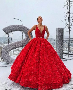 red plunging neckline 3d rose formal ball gown