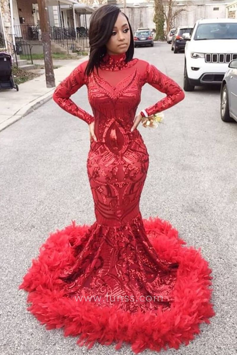 red sequin and feather African American prom dress