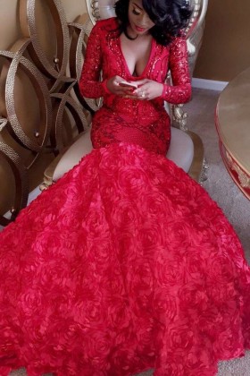 red unique sequin 3d rose african american prom dress