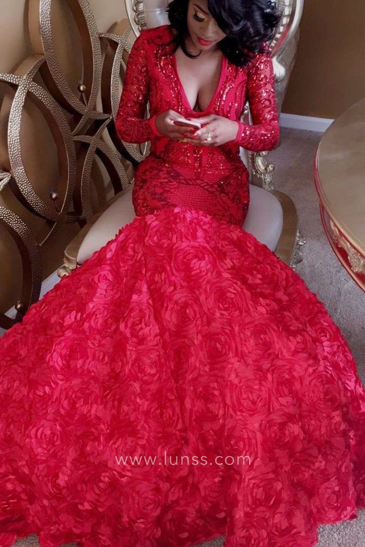 red unique sequin 3d rose african american prom dress