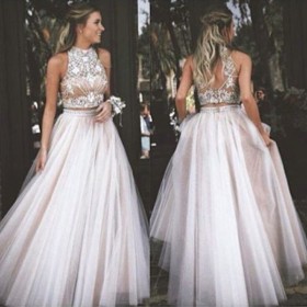 rhinestones embellished illusion high neck two piece prom dress