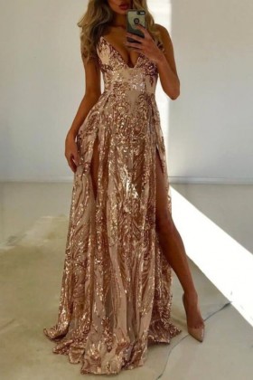 rose gold sequin double slit sexy prom party dress