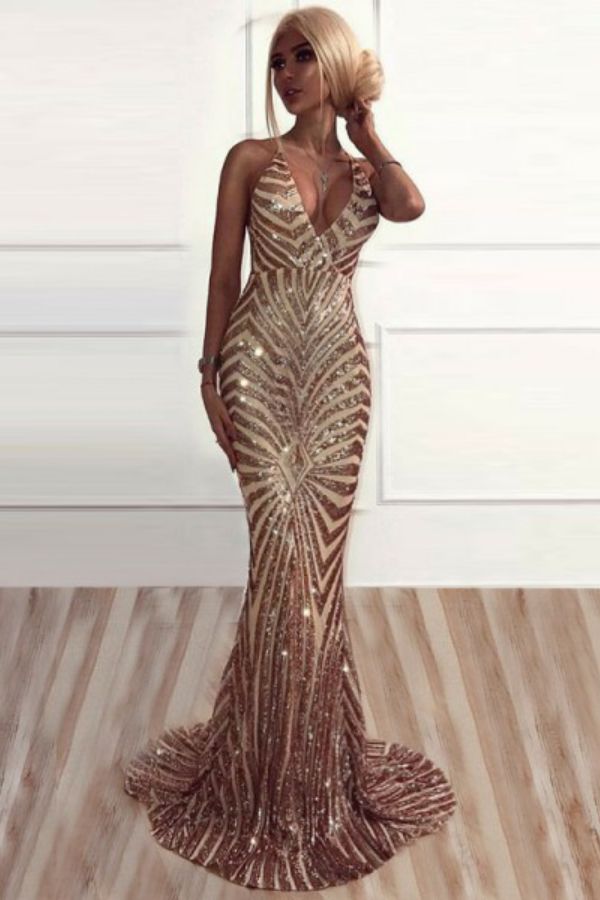 rose gold spaider web pattern sequin long prom dress