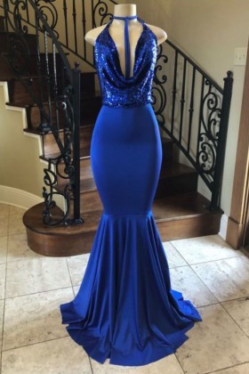 royal blue sequin cowl neckline mermaid satin prom dress