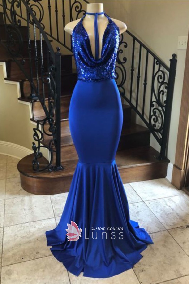 royal blue sequin cowl neckline mermaid satin prom dress