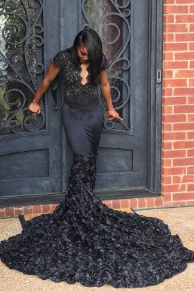 scalloped black lace cap sleeve 3d rose train prom dress