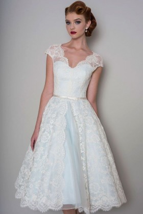scalloped ivory lace overlay blue inner short bridal gown