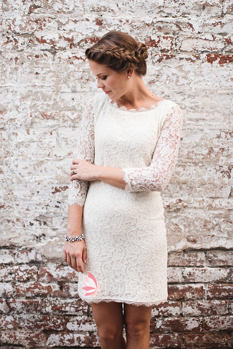 scalloped neckline 34 sleeve lace short bridal dress