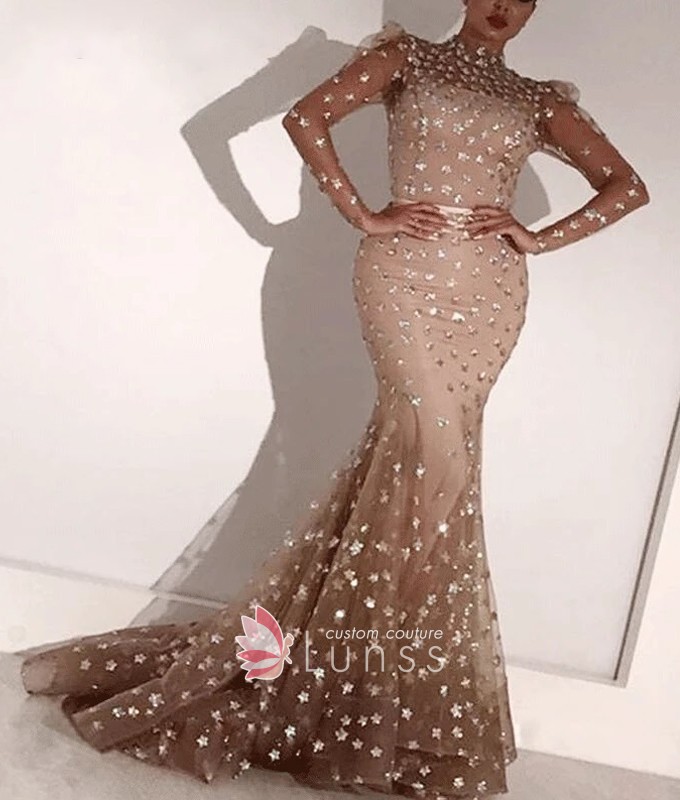 sequins glitter glued brown long sleeve formal dress