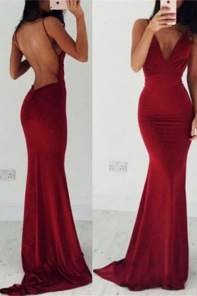 sexy backless dark red spaghetti straps long prom dress