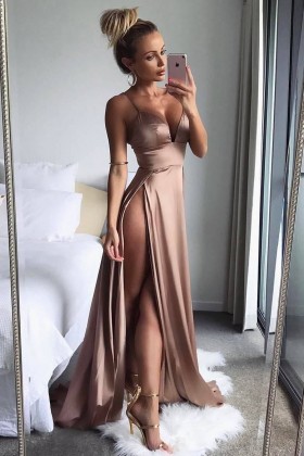 sexy brown nude thigh high slit long prom dress