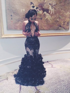sexy cut out bodice black 3d rosette trumpet prom dress