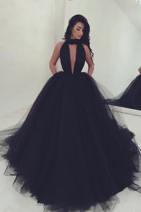 sexy cut out bodice black tulle halter prom ball gown