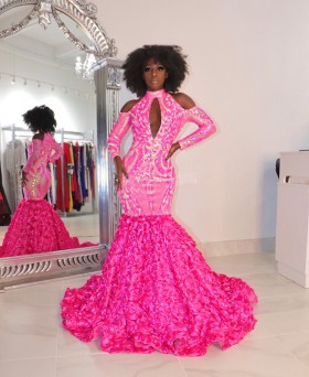 sexy cut out fuchsia sequin 3d rosette mermaid prom dress