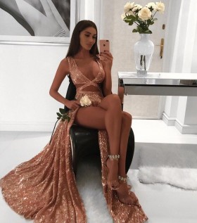 sexy cut out gold sequin split long evening prom dress