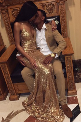 sexy gold sequin plunging v neckline long prom dress