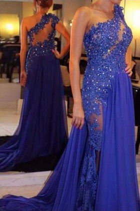 sexy illusion beaded lace one shouder blue prom dress