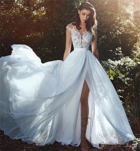 sexy illusion cap sleeve thigh high slit wedding dress