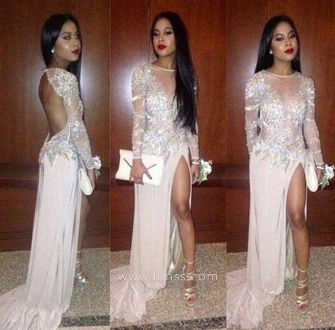 sexy illusion sequin lace open back pink slit prom dress
