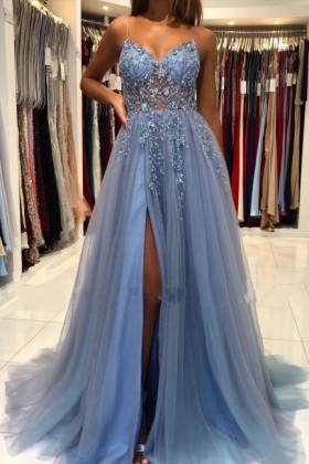 sexy illusion sheer floral blue tulle slit prom dress