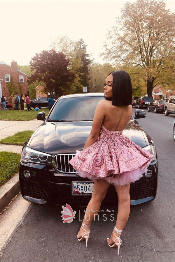 sexy low back rose pink sequin and tulle short dress