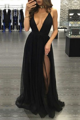 sexy plunging v neckline black tulle slit prom dress