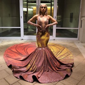 sexy sheer mahogany long train african american prom gown